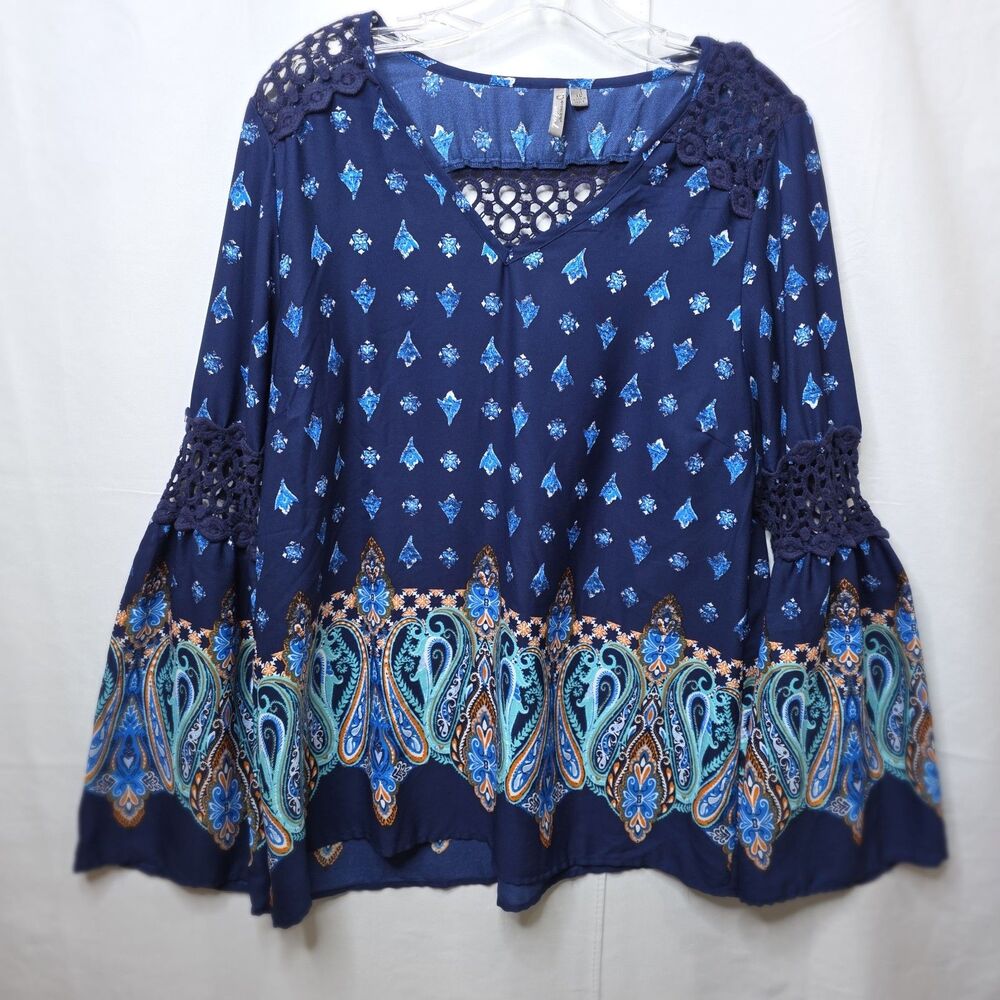 New Directions Weekend Blue Paisley Lace Shoulder Bell Sleeve Blouse Top Size XL